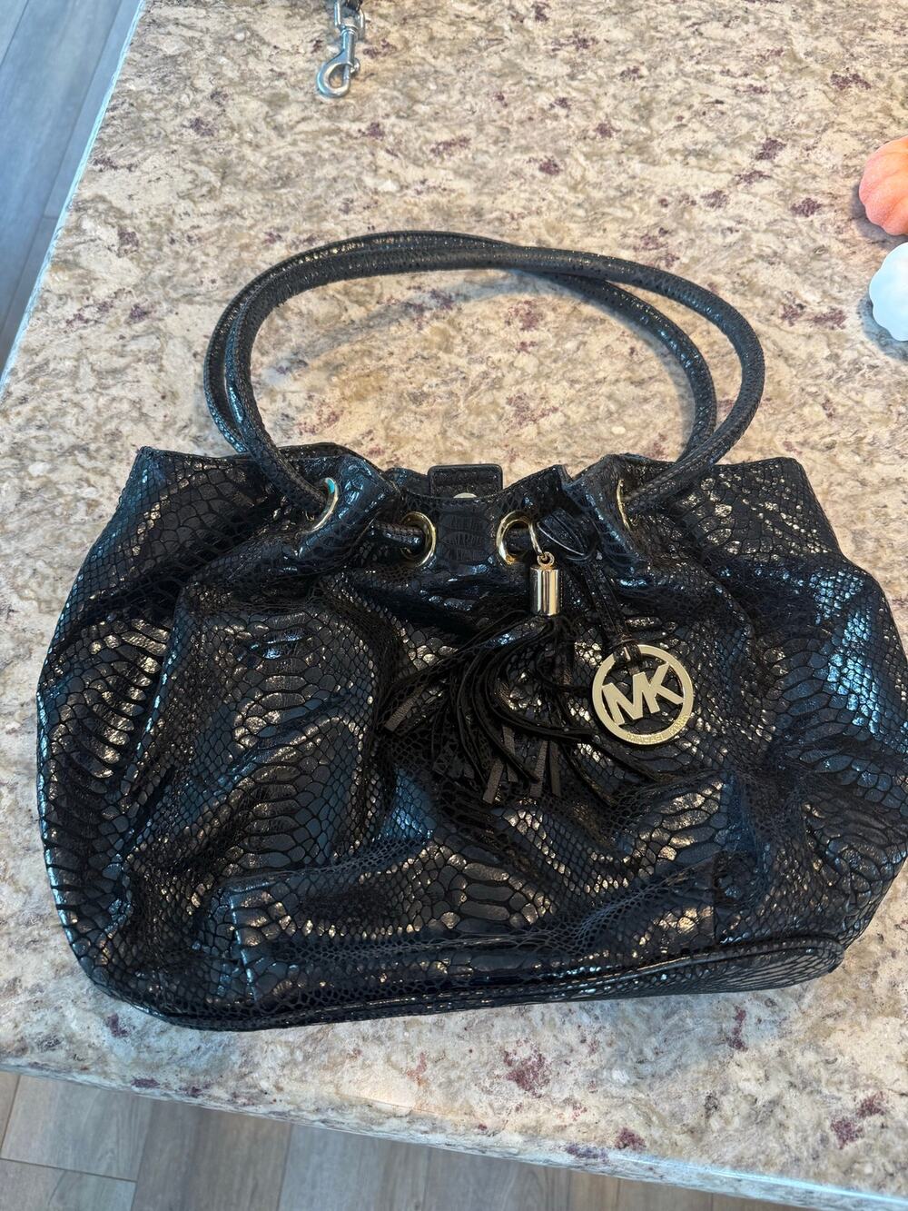 Michael Kors Black Python Embossed Leather Drawstring Shoulder Bag Gold Hardware